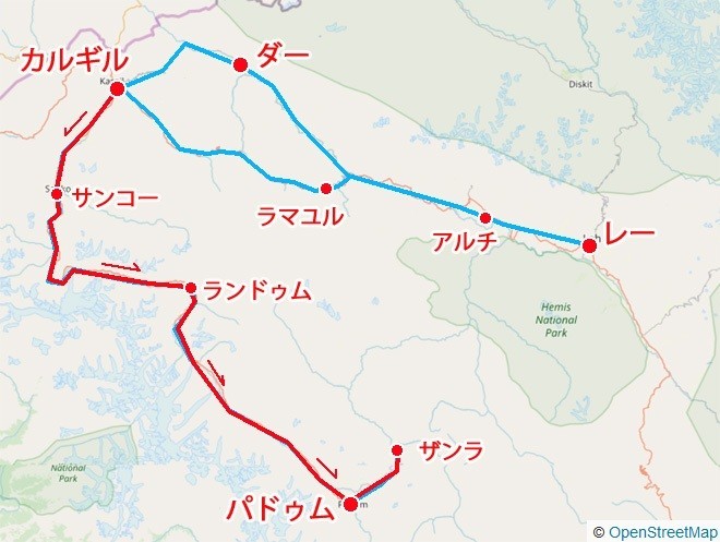 カルギルからザンスカール　地図